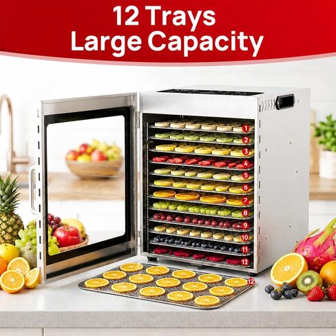 Food Dehydrator Machine with 12 Stainless Steel Trays, 48H Timer | 85°-195°F Temp Control, 800W Powerful, Food Dryer for Jerky, Dog Treat, Herbs, Fruit, for Commercial and Home Use in Saudi Arabia
