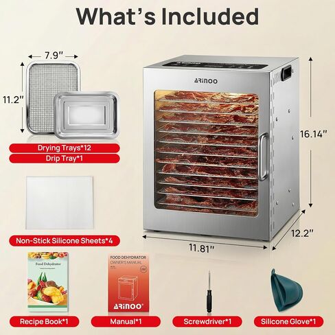 Food Dehydrator Machine with 12 Stainless Steel Trays, 48H Timer | 85°-195°F Temp Control, 800W Powerful, Food Dryer for Jerky, Dog Treat, Herbs, Fruit, for Commercial and Home Use in Saudi Arabia
