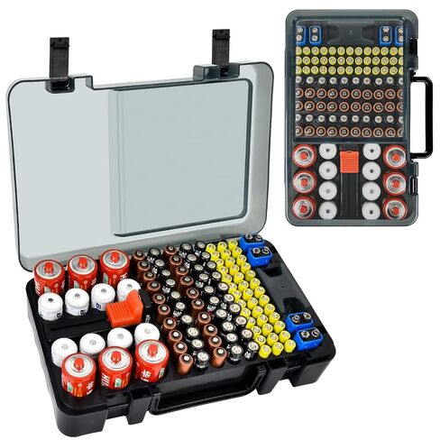 Battery Organizer Storage Case with Tester Checker. Batteries Holder Box Container for 120+ AA AAA 9V C D Lithium CR2025 CR1632 CR2032 Coin Cell Battery with Wall-Mounted Design -Transparency in Kuwait