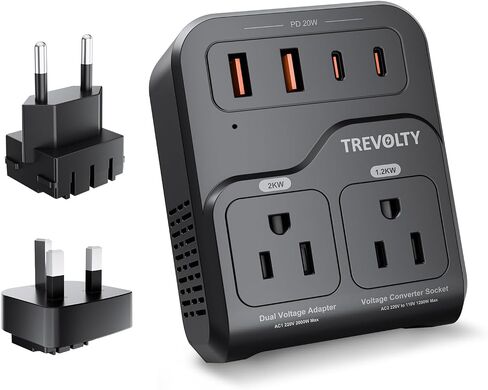 2000W Voltage Converter US to Europe for Hair Dryer, 220V to 110V Converter for European Travel with 3AC/2USB-A/2USB-C (PD20W), Power Converter Adapter Combo with Type C G Plug (Black) in Kuwait