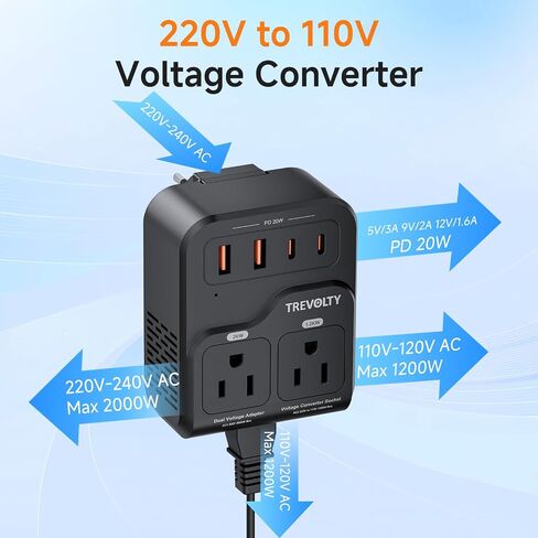 2000W Voltage Converter US to Europe for Hair Dryer, 220V to 110V Converter for European Travel with 3AC/2USB-A/2USB-C (PD20W), Power Converter Adapter Combo with Type C G Plug (Black) in Kuwait