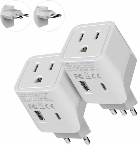 Ceptics Italy, Europe Travel Adapter Plug Set - 2 Pack - with 2 USB + USA Socket Input - Type L and Type C - Ultra Compact - Safe Grounded Perfect for Cell Phones, Laptops, Camera Chargers in Kuwait