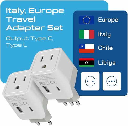 Ceptics Italy, Europe Travel Adapter Plug Set - 2 Pack - with 2 USB + USA Socket Input - Type L and Type C - Ultra Compact - Safe Grounded Perfect for Cell Phones, Laptops, Camera Chargers in Kuwait