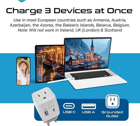 Ceptics Italy, Europe Travel Adapter Plug Set - 2 Pack - with 2 USB + USA Socket Input - Type L and Type C - Ultra Compact - Safe Grounded Perfect for Cell Phones, Laptops, Camera Chargers in Kuwait