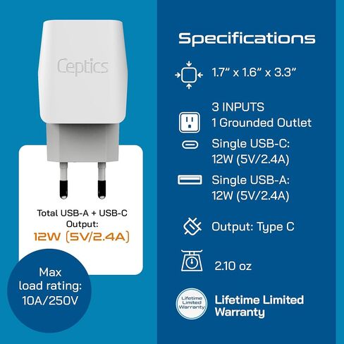 Ceptics Italy, Europe Travel Adapter Plug Set - 2 Pack - with 2 USB + USA Socket Input - Type L and Type C - Ultra Compact - Safe Grounded Perfect for Cell Phones, Laptops, Camera Chargers in Kuwait