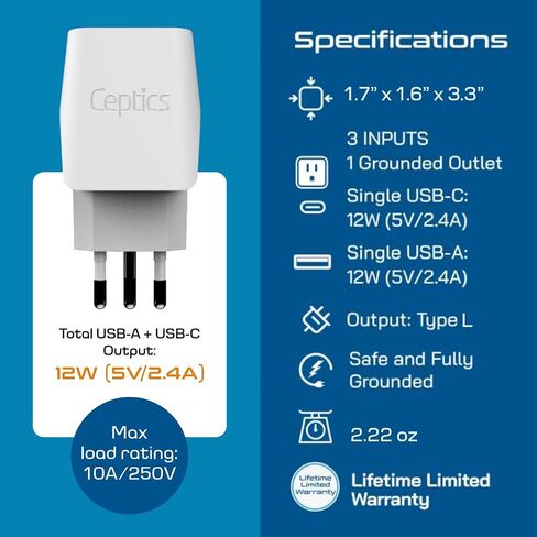 Ceptics Italy, Europe Travel Adapter Plug Set - 2 Pack - with 2 USB + USA Socket Input - Type L and Type C - Ultra Compact - Safe Grounded Perfect for Cell Phones, Laptops, Camera Chargers in Kuwait