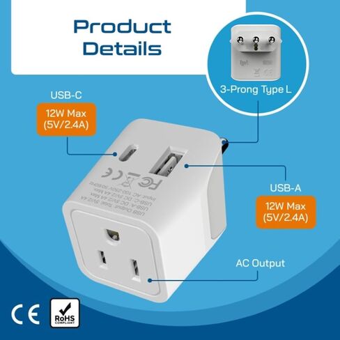 Ceptics Italy, Europe Travel Adapter Plug Set - 2 Pack - with 2 USB + USA Socket Input - Type L and Type C - Ultra Compact - Safe Grounded Perfect for Cell Phones, Laptops, Camera Chargers in Kuwait