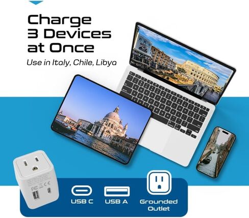 Ceptics Italy, Europe Travel Adapter Plug Set - 2 Pack - with 2 USB + USA Socket Input - Type L and Type C - Ultra Compact - Safe Grounded Perfect for Cell Phones, Laptops, Camera Chargers in Kuwait