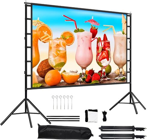 100 Inch Outdoor Projector Screen with One-Piece Telescopic Stand, Wrinkle-Resistant 4K HD Movie Screen for Backyard, Camping and Indoor Home Theater (Fits Long Throw Projectors) in Kuwait