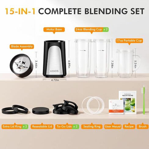 KOIOS 1000W Smoothie Blender, 15-in-1 Single Serve Set, Press-Twist Design | Personal Blender & Kitchen Countertop Smoothie Maker with 2x24oz+17oz Cup, Detachable 4-Blade, Frozen Drinks, Protein Shakes in Saudi Arabia