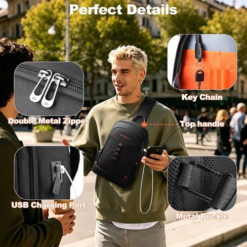 Crossbody Sling Bag for Men Women Fits 11.3" iPad Work Daypack | Water-Resistant 1680D Oxford Fabric USB Charger Anti-Theft Dual Side Pockets Lightweight for Travel Daily Commute-Black in Saudi Arabia