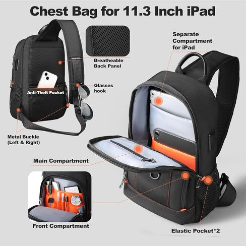 Crossbody Sling Bag for Men Women Fits 11.3" iPad Work Daypack | Water-Resistant 1680D Oxford Fabric USB Charger Anti-Theft Dual Side Pockets Lightweight for Travel Daily Commute-Black in Saudi Arabia