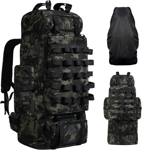 70L/100L Camping Hiking Backpack with Rain Cover, Expandable Large Military Tactical Backpack, Waterproof Molle Racksack Travel Backpacking Daypack for Climbing Trekking (Black) in Saudi Arabia