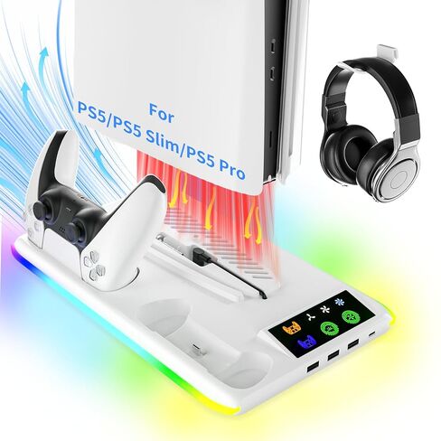 TicEaik Stand for PS5/Slim/Pro, PS5 Charger with 3USB & 1Type-C Ports, Vertical Cooling Fans and Dual Controller Charging Station, LED Light Stand for PS5/Slim/Pro Console in Saudi Arabia