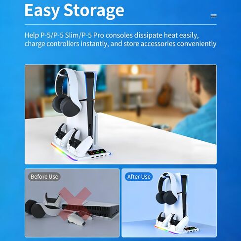 TicEaik Stand for PS5/Slim/Pro, PS5 Charger with 3USB & 1Type-C Ports, Vertical Cooling Fans and Dual Controller Charging Station, LED Light Stand for PS5/Slim/Pro Console in Saudi Arabia