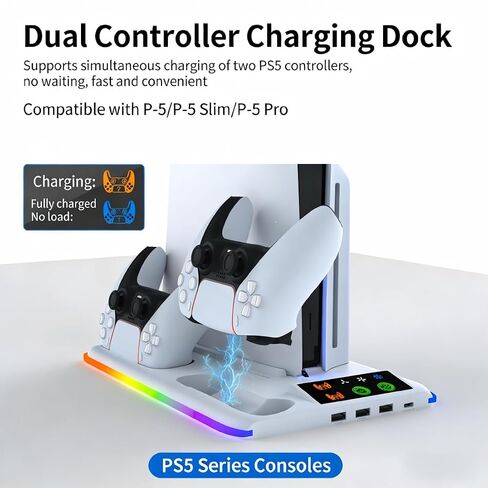 TicEaik Stand for PS5/Slim/Pro, PS5 Charger with 3USB & 1Type-C Ports, Vertical Cooling Fans and Dual Controller Charging Station, LED Light Stand for PS5/Slim/Pro Console in Saudi Arabia
