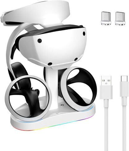 Charging Station for PSVR 2 with Vertical Headset Stand | Dual PSVR2 Controller Dock, Dual Fast Charging Dock, LED Indicator, 9 RGB Light Modes, PSVR2 Headset Display Stand in Saudi Arabia