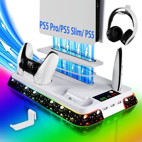 PS5/Slim/Pro Cooling Station for PlayStation 5 Console, PS 5 Cooling & Charging Station with RGB, PS 5 Controller Charger Incl. 3 Level Fan,Headset, PS5/Slim/Pro Accessories Comes 3 USB Ports in Saudi Arabia
