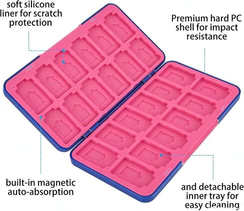 48-Slot Magnetic Game Card Storage Case with Detachable Washable Card Holders, 24 Game Card Slots + 24 Micro SD Card Slots, Minimalist Blue Pink Portable Multi-Card Organizer in Saudi Arabia