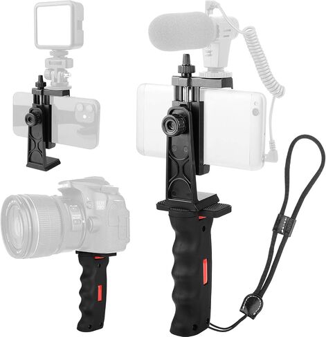 Vlogging Holder, Cell Phone Camera Handle Grip Stabilizer, Ergonomic Phone Video Stabilizer, Handheld Selfie Stick Smartphone Holder with Cold Shoe Mount for Mic/Flash Light, Wrist Strap in Saudi Arabia