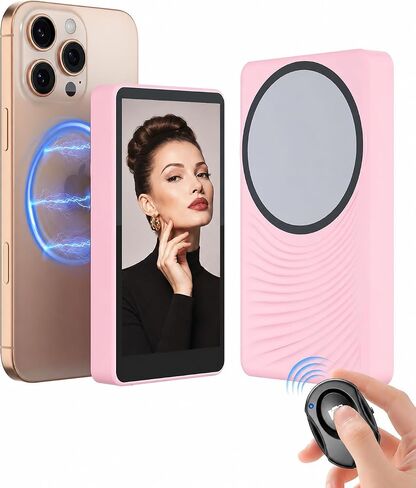 Phone Vlog Selfie Monitor Screen, Magnetic Selfie front Screen for iPhone/Android with Remote Control, Wireless Connection Rear Camera for Selfie Vlog Live Stream, Pink in Saudi Arabia