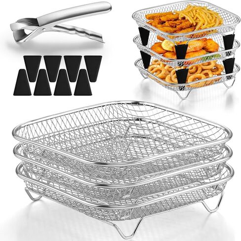 TeamFar Square Air Fryer Rack, 3PCS 7.72" Air Fryer Basket Accessories | Stainless Steel Stackable Dehydrator Rack for Frying Roasting Baking, with Silicone Feet & Clip, Oven & Dishwasher Safe in Kuwait