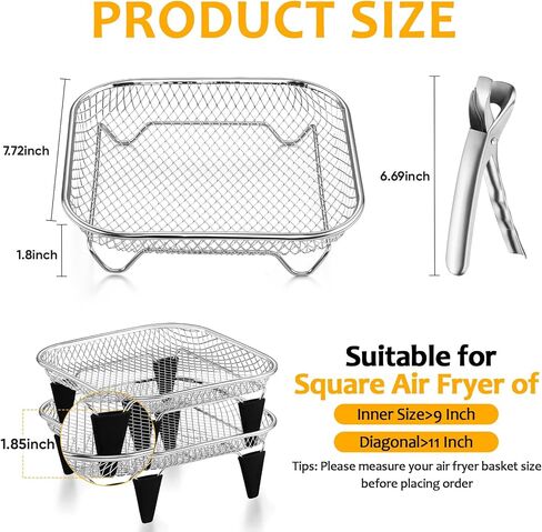 TeamFar Square Air Fryer Rack, 3PCS 7.72" Air Fryer Basket Accessories | Stainless Steel Stackable Dehydrator Rack for Frying Roasting Baking, with Silicone Feet & Clip, Oven & Dishwasher Safe in Kuwait