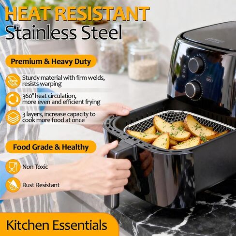 TeamFar Square Air Fryer Rack, 3PCS 7.72" Air Fryer Basket Accessories | Stainless Steel Stackable Dehydrator Rack for Frying Roasting Baking, with Silicone Feet & Clip, Oven & Dishwasher Safe in Kuwait