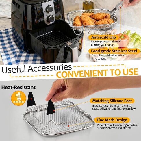 TeamFar Square Air Fryer Rack, 3PCS 7.72" Air Fryer Basket Accessories | Stainless Steel Stackable Dehydrator Rack for Frying Roasting Baking, with Silicone Feet & Clip, Oven & Dishwasher Safe in Kuwait