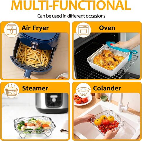 TeamFar Square Air Fryer Rack, 3PCS 7.72" Air Fryer Basket Accessories | Stainless Steel Stackable Dehydrator Rack for Frying Roasting Baking, with Silicone Feet & Clip, Oven & Dishwasher Safe in Kuwait