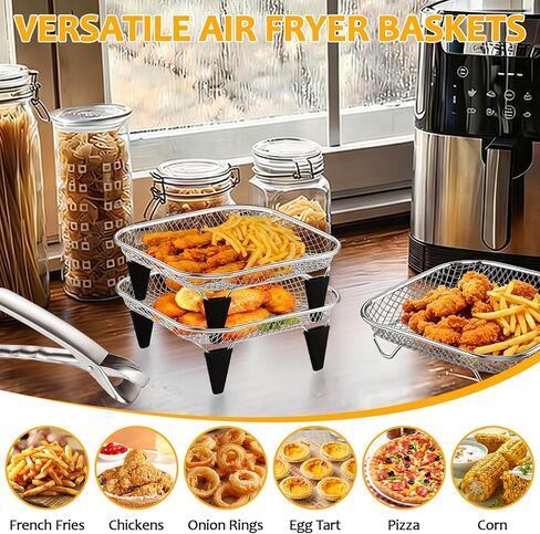 TeamFar Square Air Fryer Rack, 3PCS 7.72" Air Fryer Basket Accessories | Stainless Steel Stackable Dehydrator Rack for Frying Roasting Baking, with Silicone Feet & Clip, Oven & Dishwasher Safe in Kuwait