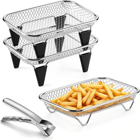 E-far Air Fryer Racks, 7.73" Square Air Fryer Baskets Accessories for Oven | 3-Tier Stackable Stainless Steel Cooking Rack for Oven Frying Roasting, W/Silicon Feet & Anti-scald Clip, Dishwasher Safe in Saudi Arabia