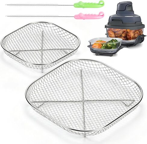 2 Pack Stainless Steel Air Fryer Rack for Ninja Crispi Air Fryer FN101 | Reusable Crisper Rack, Includes 2 Pcs Cleaning Brush, Even Heating for Crispy Food, Heat Resistant, Rust-Proof Structure in Saudi Arabia