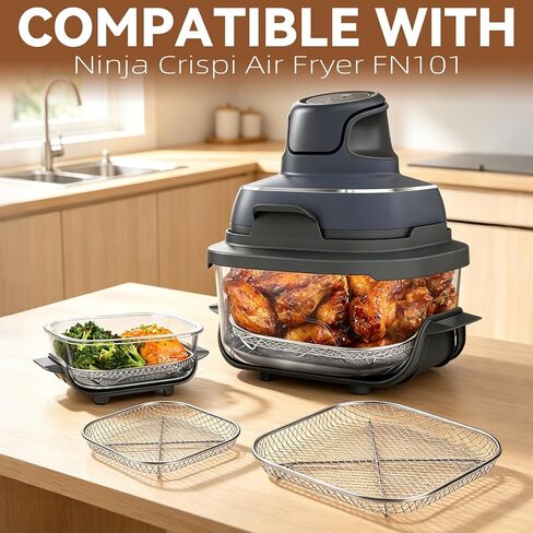 2 Pack Stainless Steel Air Fryer Rack for Ninja Crispi Air Fryer FN101 | Reusable Crisper Rack, Includes 2 Pcs Cleaning Brush, Even Heating for Crispy Food, Heat Resistant, Rust-Proof Structure in Saudi Arabia