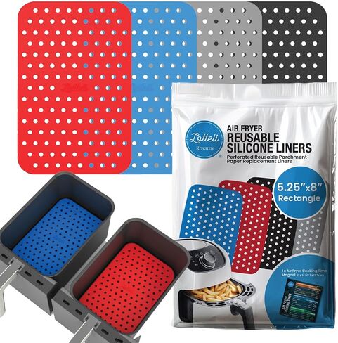 Lotteli Kitchen Reusable Air Fryer Liners, Rectangle, 4 Pack | Air Fryer Accessorie - 5.25 x 8in Silicone Liners for Dual Baskets - Non-Stick, No More Scrubbing in Saudi Arabia