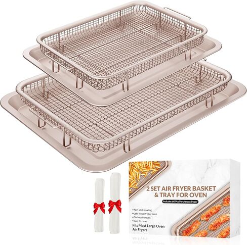 OPENICE Air Fryer Basket for Oven with Magnetic Cheat Sheet, Set of 2 | 25% Thicker Oven Air Fryer Basket and Tray | Stainless Steel Air Fryer Pans and Crisper Tray for Convention in Saudi Arabia