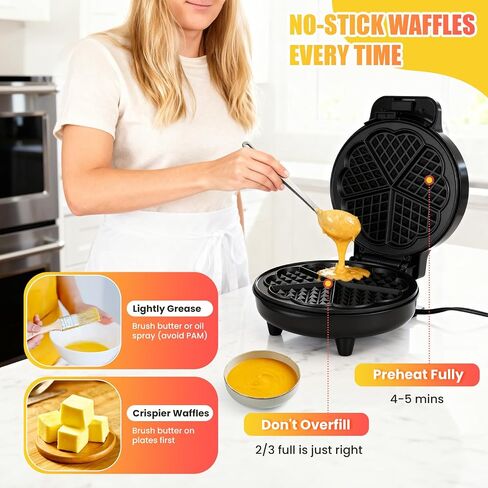 Heart-Shaped Waffle Maker,7-Inch Nonstick Waffle Iron | Stainless steel round classic waffle maker,cool-touch handle, and easy-clean design in Saudi Arabia