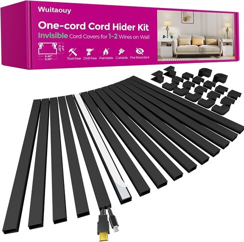 Black Cord Hider, 212.6in Cord Covers for 1-2 Wires on Wall, Paintable Cable Hider, Wire Hider Wire Covers for Cords on Walls, Easy Set-up Cable Raceway Management to Hide Cords, W0.59 H0.4in, Black in Saudi Arabia