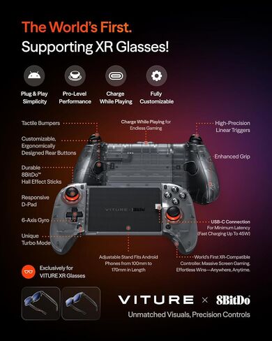 نظارات VITURE Pro 2 XR + حزمة وحدة تحكم الألعاب 8BitDo لنظام Android | 146 بوصة 120 هرتز، 63 جرام، قرص من 0 إلى -5.0D، عصي Hall Effect، زمن وصول منخفض USB-C، شحن أثناء اللعب، Android in Kuwait