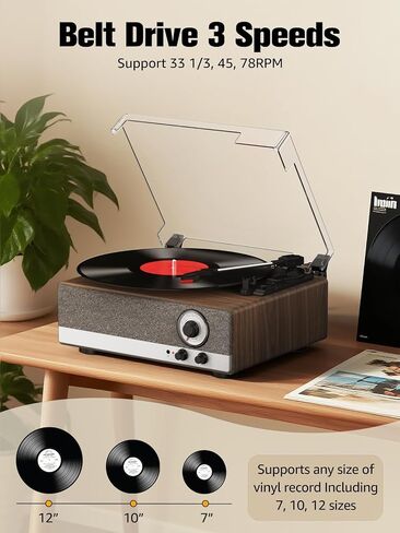 7-in-1 Vinyl Record Player, Bluetooth Belt Drive Turntable | 3-Speed Turntables for Vinyl Records, AM/FM Radio, Pitch Control, RCA Out, Auto Stop, Walnut in Saudi Arabia
