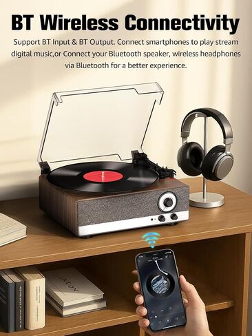 7-in-1 Vinyl Record Player, Bluetooth Belt Drive Turntable | 3-Speed Turntables for Vinyl Records, AM/FM Radio, Pitch Control, RCA Out, Auto Stop, Walnut in Saudi Arabia