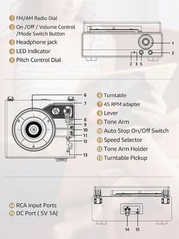 7-in-1 Vinyl Record Player, Bluetooth Belt Drive Turntable | 3-Speed Turntables for Vinyl Records, AM/FM Radio, Pitch Control, RCA Out, Auto Stop, Walnut in Saudi Arabia