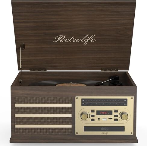 Retrolife® Vinyl Record Player 10-in-1 Music Center Vintage Turntable,Brown | Built-in Speakers,3 Speed,BT Wireless Input Output,CD Tape Cassette Player,AM FM Radio,RCA,Vinyl Recording to USB,Auto Stop in Saudi Arabia