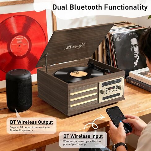 Retrolife® Vinyl Record Player 10-in-1 Music Center Vintage Turntable,Brown | Built-in Speakers,3 Speed,BT Wireless Input Output,CD Tape Cassette Player,AM FM Radio,RCA,Vinyl Recording to USB,Auto Stop in Saudi Arabia