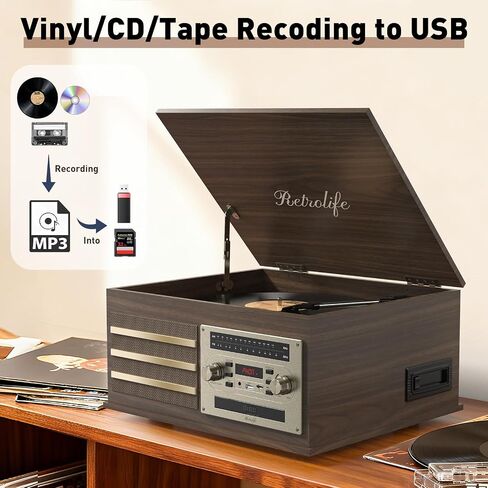 Retrolife® Vinyl Record Player 10-in-1 Music Center Vintage Turntable,Brown | Built-in Speakers,3 Speed,BT Wireless Input Output,CD Tape Cassette Player,AM FM Radio,RCA,Vinyl Recording to USB,Auto Stop in Saudi Arabia