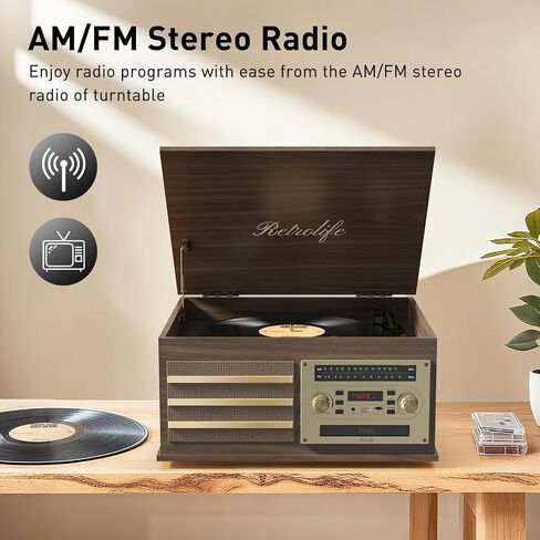 Retrolife® Vinyl Record Player 10-in-1 Music Center Vintage Turntable,Brown | Built-in Speakers,3 Speed,BT Wireless Input Output,CD Tape Cassette Player,AM FM Radio,RCA,Vinyl Recording to USB,Auto Stop in Saudi Arabia