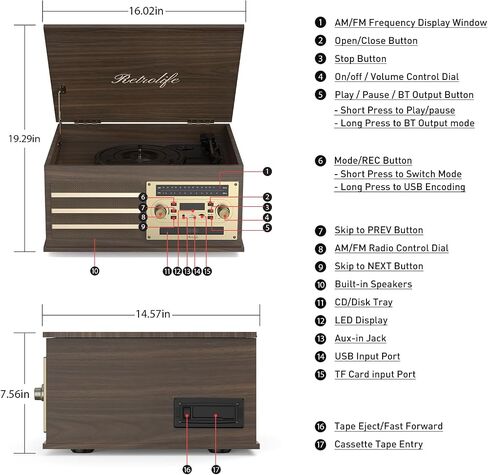Retrolife® Vinyl Record Player 10-in-1 Music Center Vintage Turntable,Brown | Built-in Speakers,3 Speed,BT Wireless Input Output,CD Tape Cassette Player,AM FM Radio,RCA,Vinyl Recording to USB,Auto Stop in Saudi Arabia