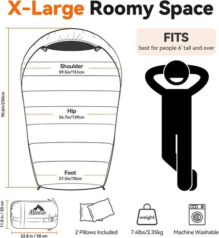 MEREZA Mummy Double Sleeping Bag for Adults with Pillow Cold Weather 0 Degree 2 Person Sleeping Bag for Big Tall Mens Couples Family Camping in Saudi Arabia