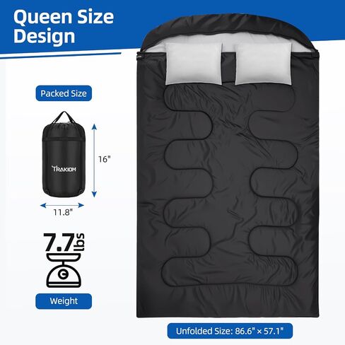 TRAKIOM Double Sleeping Bag with 2 Pillows, Warm Sleeping Bags for Adults, Large Queen Size XL Camping Sleeping Bags for Camping, Backpacking Or Hiking,Waterproof Sleeping Bag for Cold Weather & Warm in Saudi Arabia