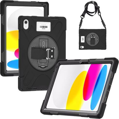CODi Rugged iPad 11" A16 / iPad 10.9" 10th Generation Case, Asset Tag Window, Drop-Test Protective Tablet Cover with Rotating Kickstand, Hand Strap, Shoulder Strap, 360° Protection, Black (10) in Saudi Arabia